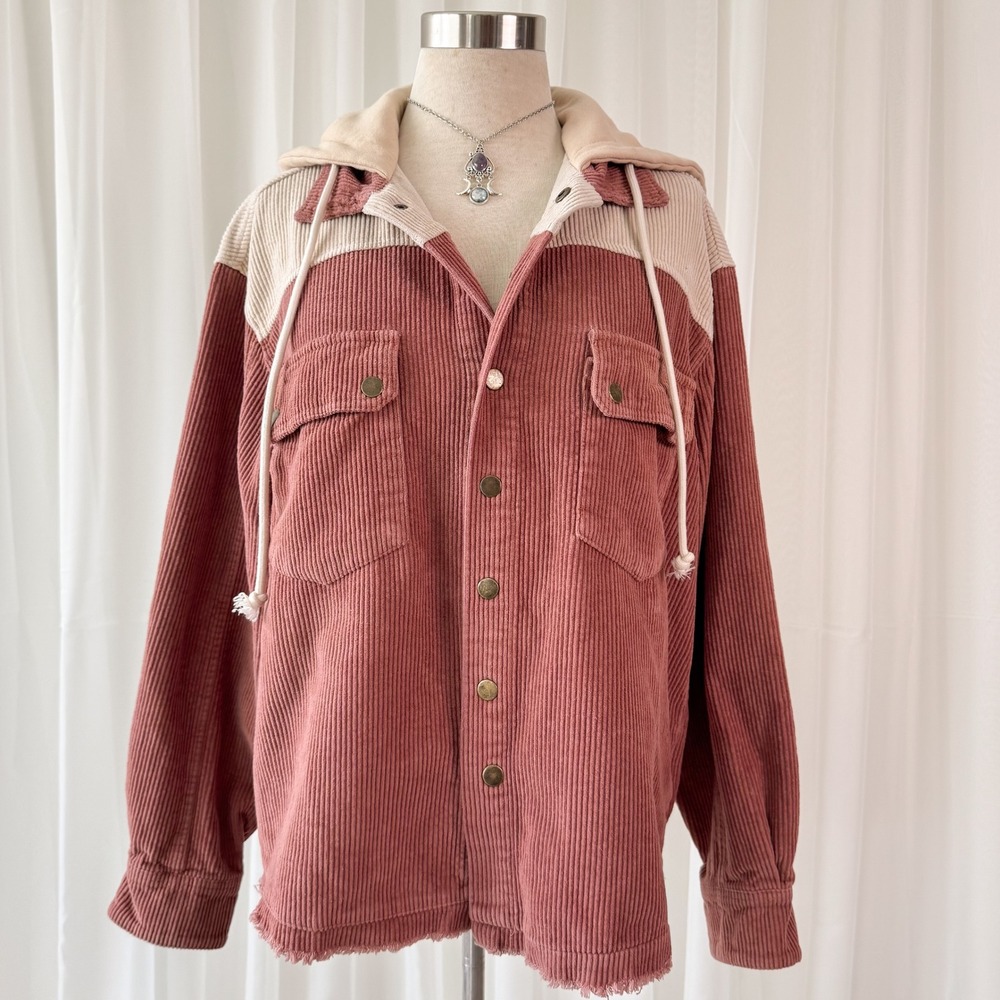 Pink‎ Corduroy Jacket Hooded Button Up Shacket Cream Hood Cozy Layer M